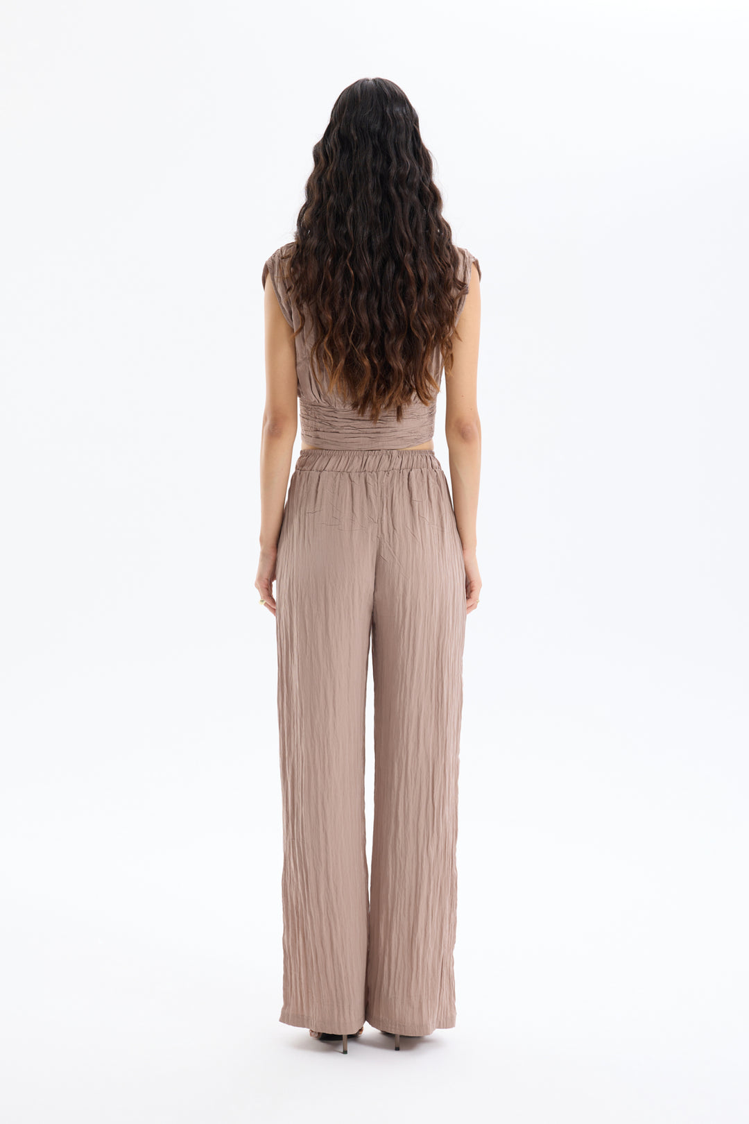 Kırışık Görünümlü Beli Lastikli Pantolon Açık Kahve