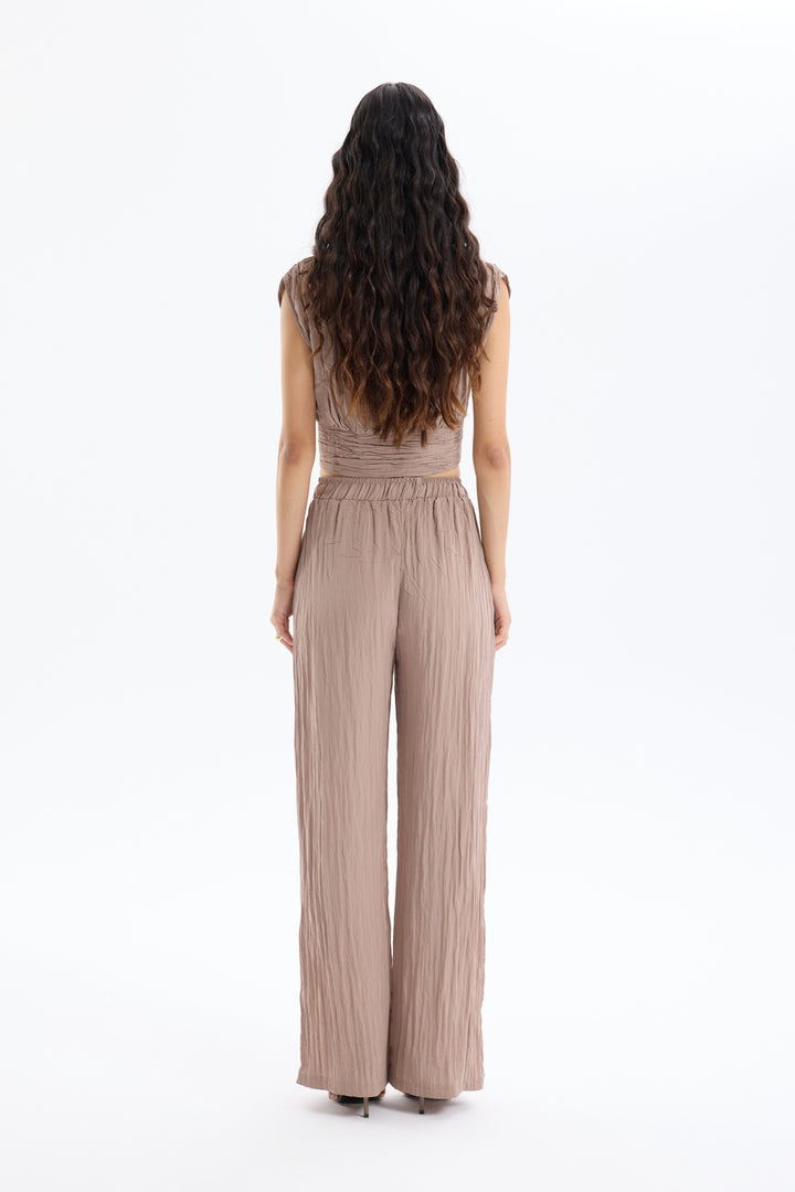 Kırışık Görünümlü Beli Lastikli Pantolon Açık Kahve