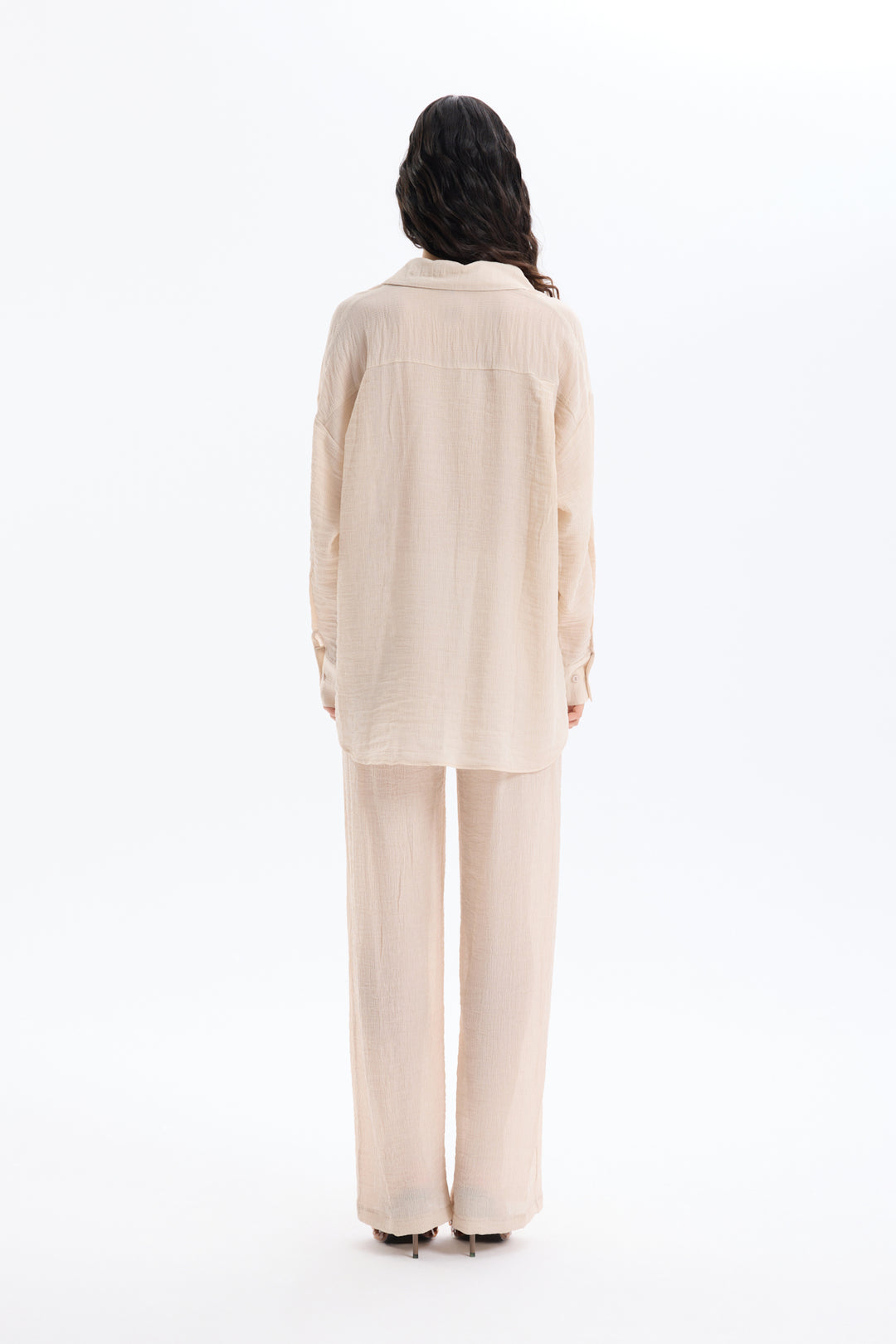 Düğmeli Oversize Dokulu Gömlek Taş