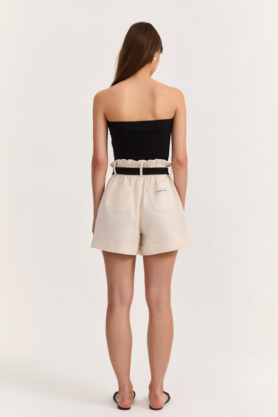 Hasır Kemer Detaylı Keten Şort Naturel