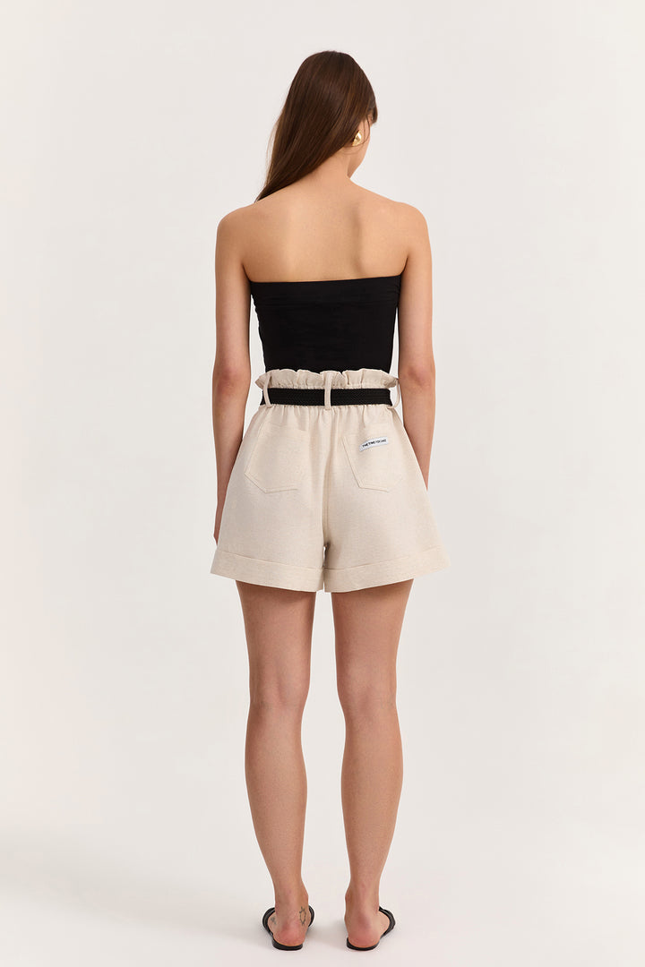 Hasır Kemer Detaylı Keten Şort Naturel