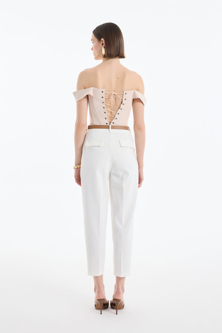 Sırtı İp Bağlamalı Asimetrik Crop Bluz Taş