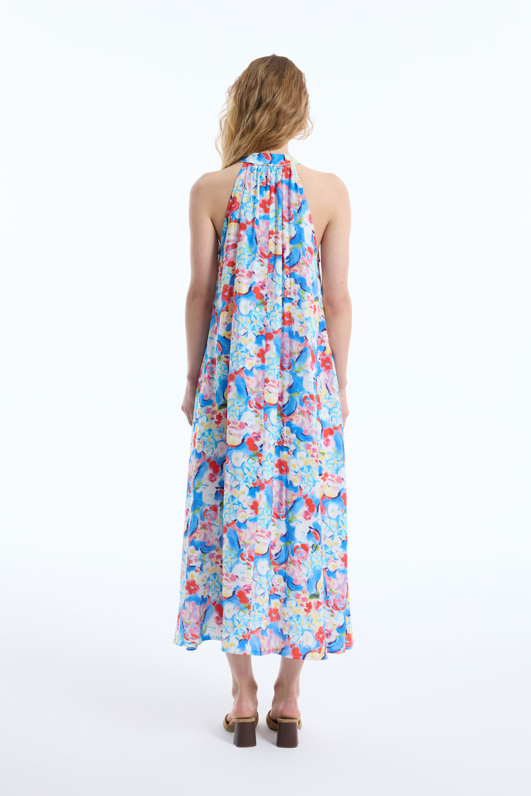 Halter Yaka Çiçek Desenli Uzun Elbise Mavi