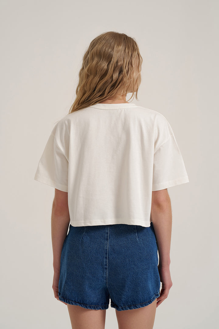 Trok Detaylı Kısa Kol Tişört Ekru