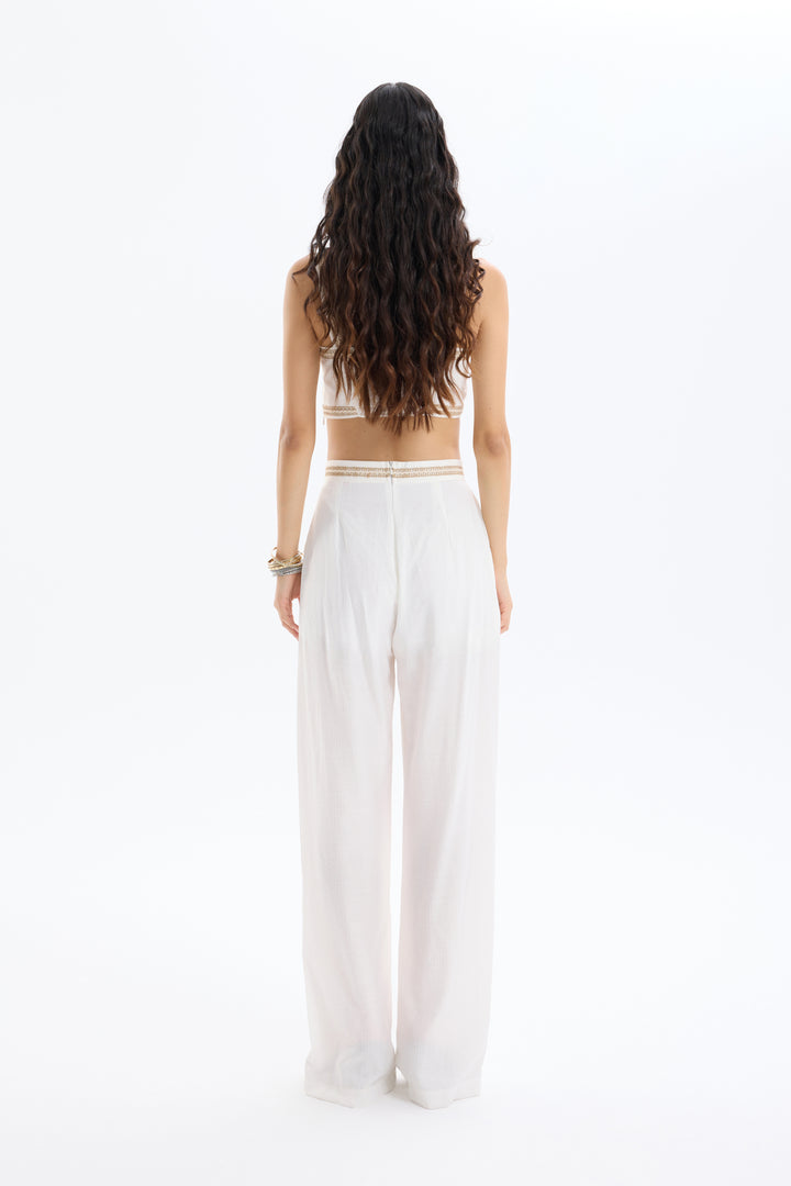 Toka Aksesuarlı Beli Nakışlı Bol Paça Pantolon Ekru