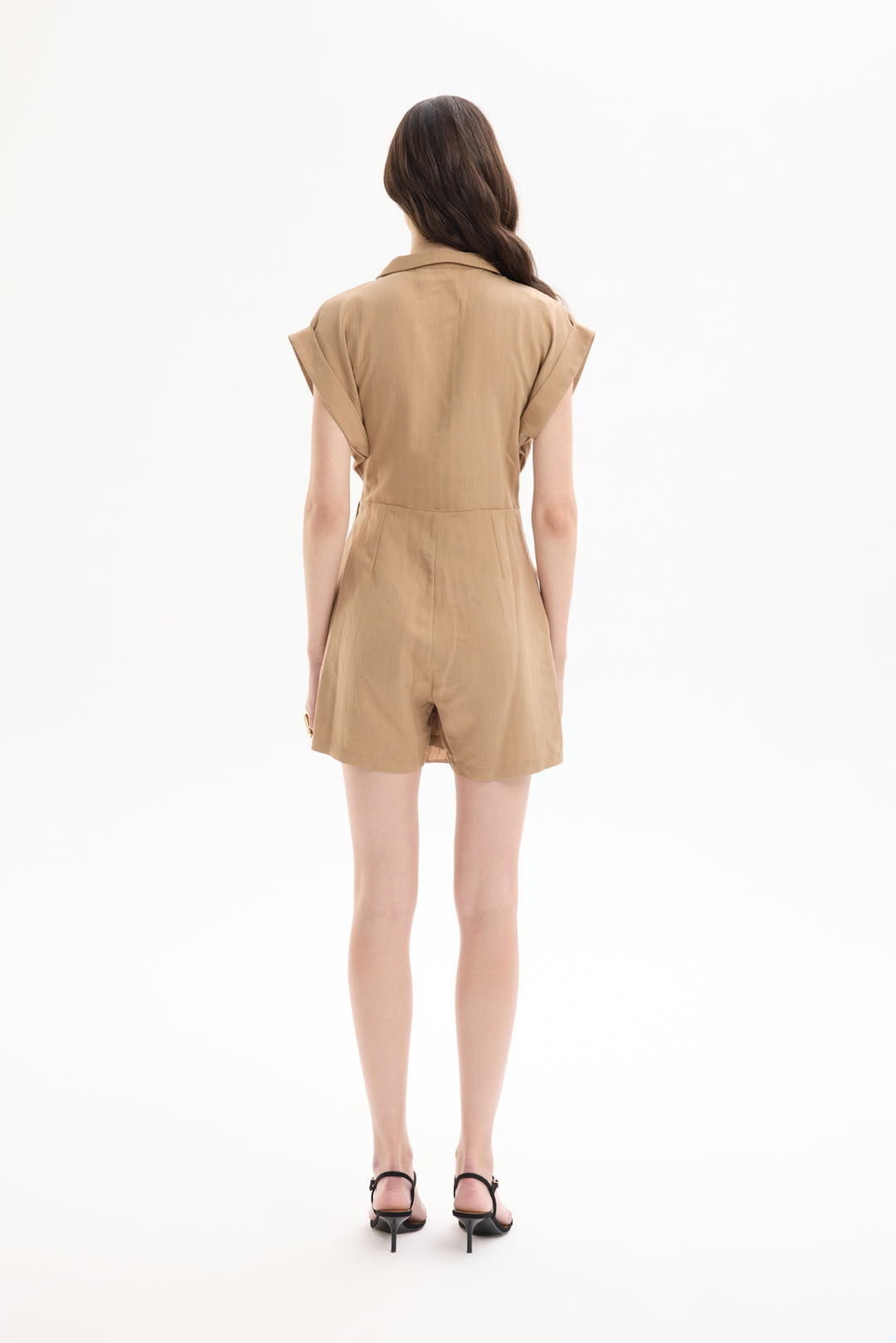 Kruvaze Yaka Beli Bağlamalı Şort Tulum Kahverengi