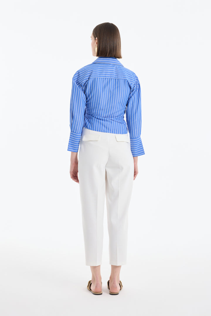 Kruvaze Bağlamalı Çizgili Bluz Koyu Mavi