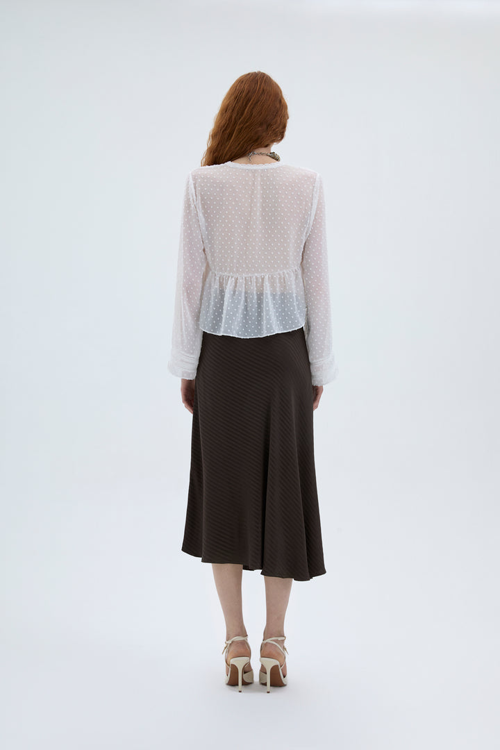 Şerit Dokulu Saten Midi Etek Kahverengi