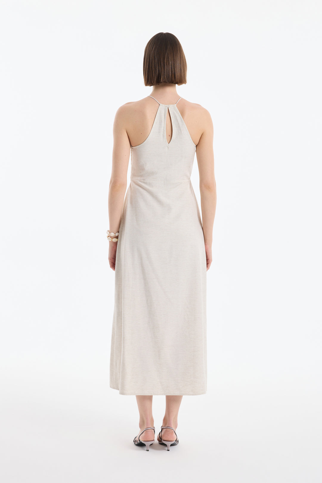 Halter Yaka Dantelli Uzun Elbise Naturel