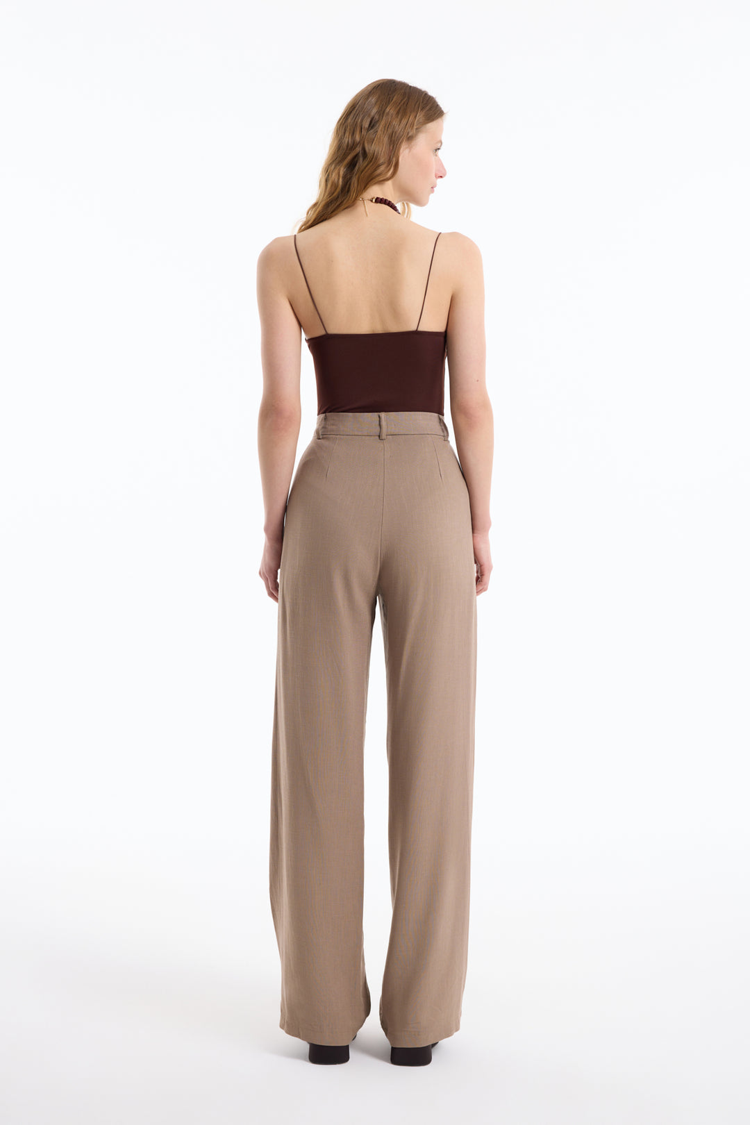 Yüksek Bel Keten Palazzo Pantolon Kahverengi