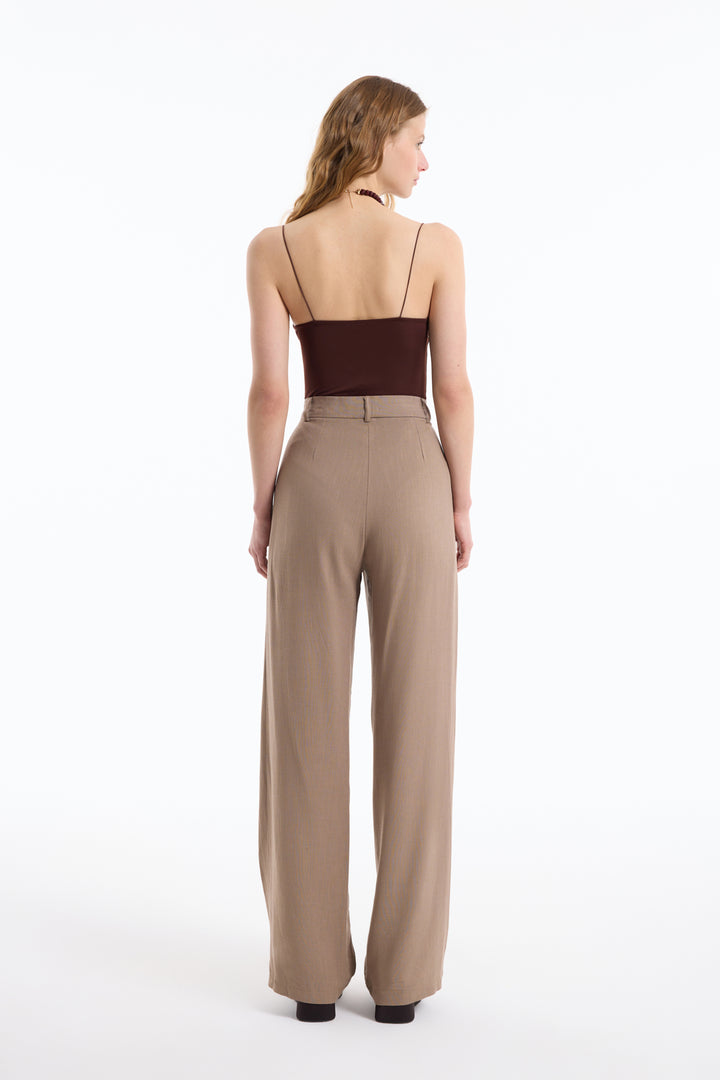 Yüksek Bel Keten Palazzo Pantolon Kahverengi