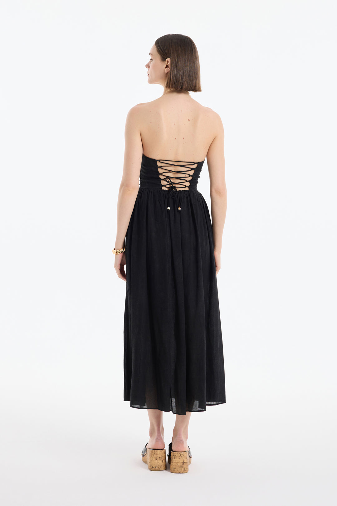 Drape Detaylı Pileli Straplez Midi Elbise Siyah
