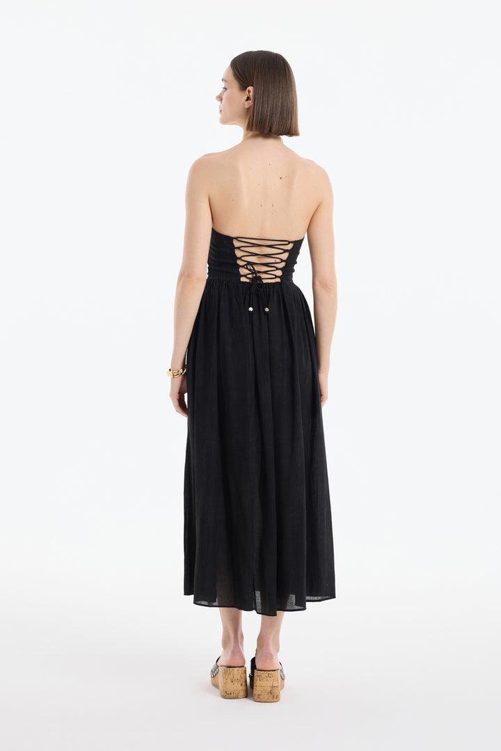 Drape Detaylı Pileli Straplez Midi Elbise Siyah