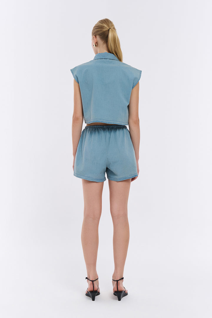 Nakış Detaylı Beli Lastikli Mini Şort Mavi