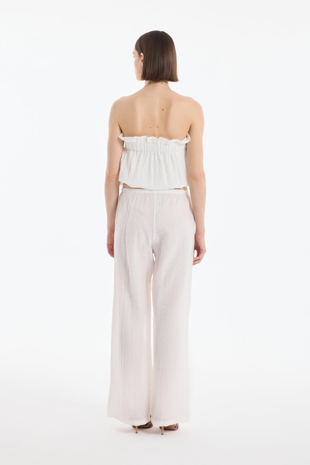 Gofre Kumaş Geniş Paça Pantolon Ekru