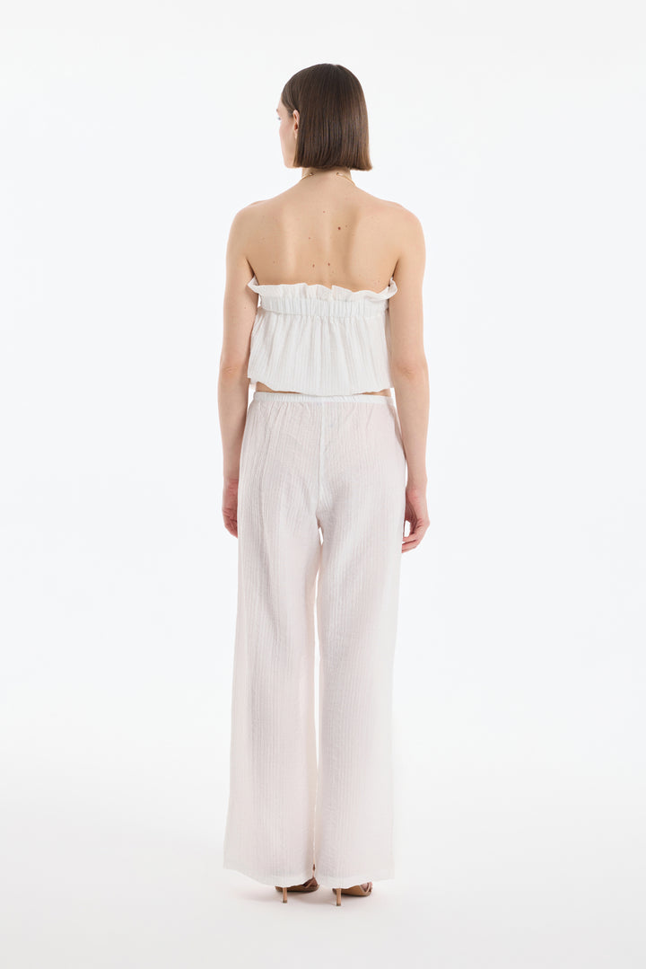 Gofre Kumaş Geniş Paça Pantolon Ekru
