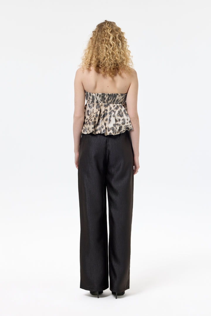 Leopar Desenli Straplez Volanlı Bluz Taş