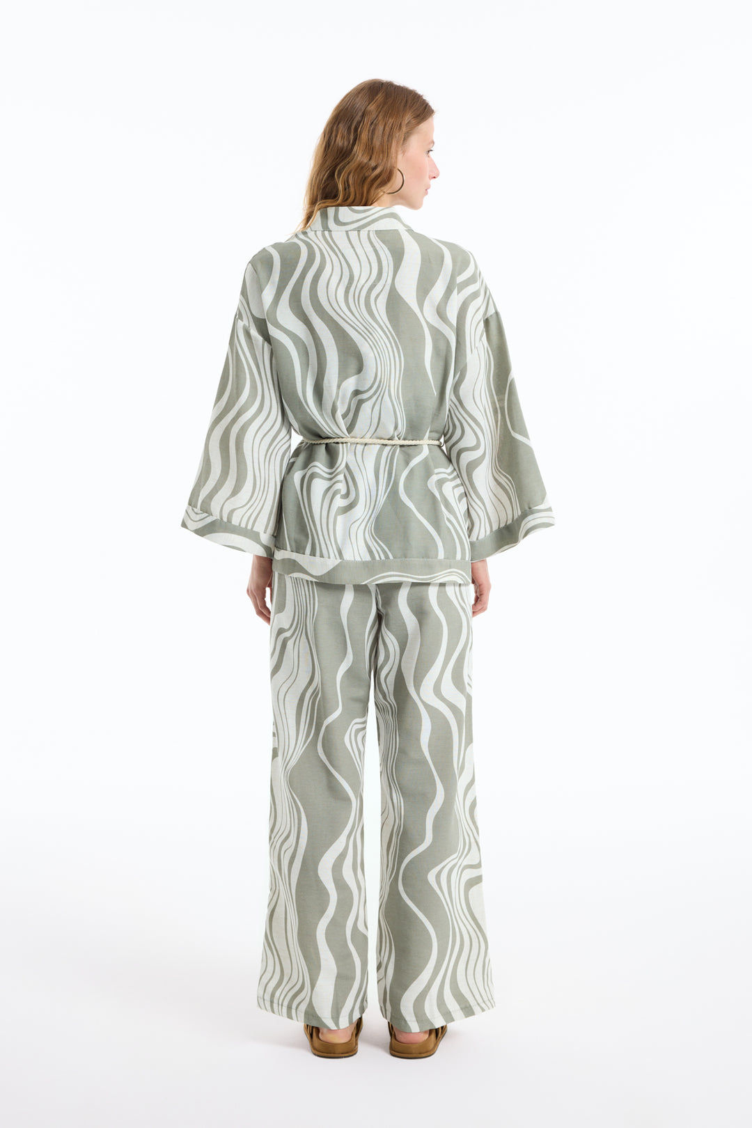 Dalga Desenli Beli Lastikli Bol Pantolon Haki