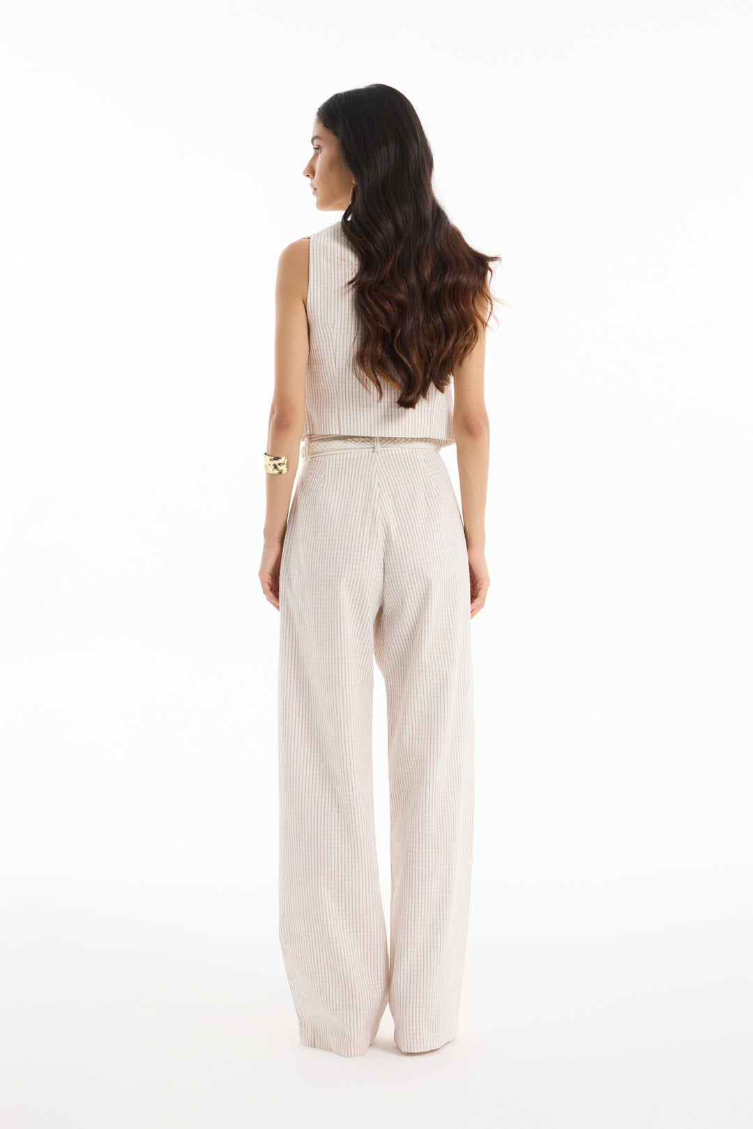Hasır Kemerli İnce Çizgili Keten Pantolon Naturel