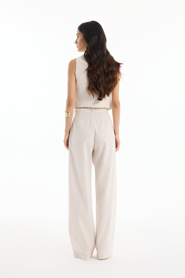 Hasır Kemerli İnce Çizgili Keten Pantolon Naturel