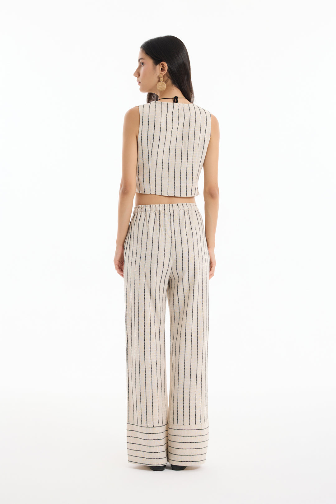 Kruvaze Yaka Keten Çizgili Bluz Naturel