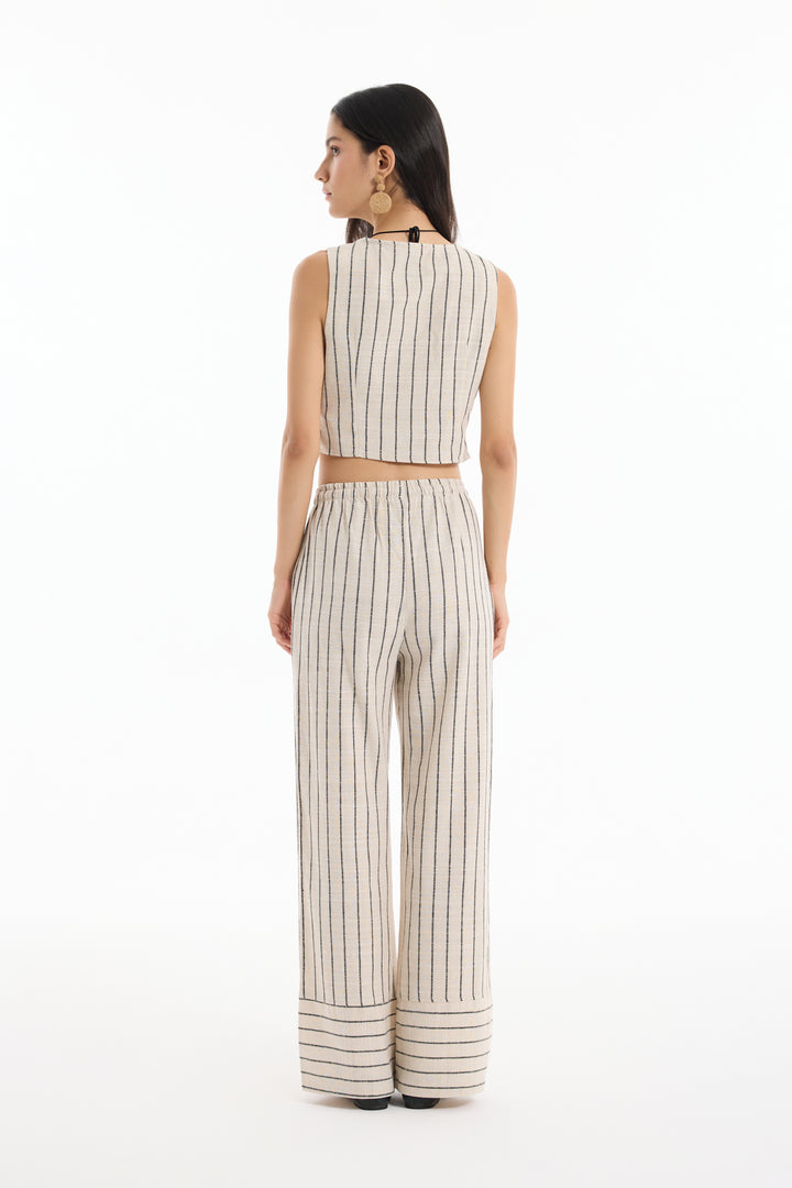 Kruvaze Yaka Keten Çizgili Bluz Naturel