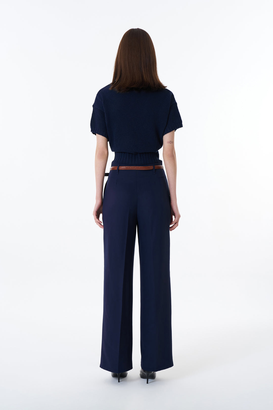 Kemer Detaylı Yüksek Bel Geniş Paça Pantolon Lacivert