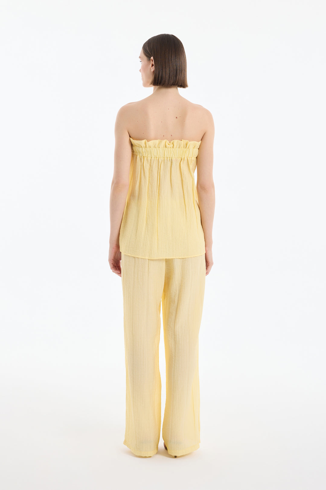 Gofre Kumaş Fırfırlı Straplez Bluz Sarı