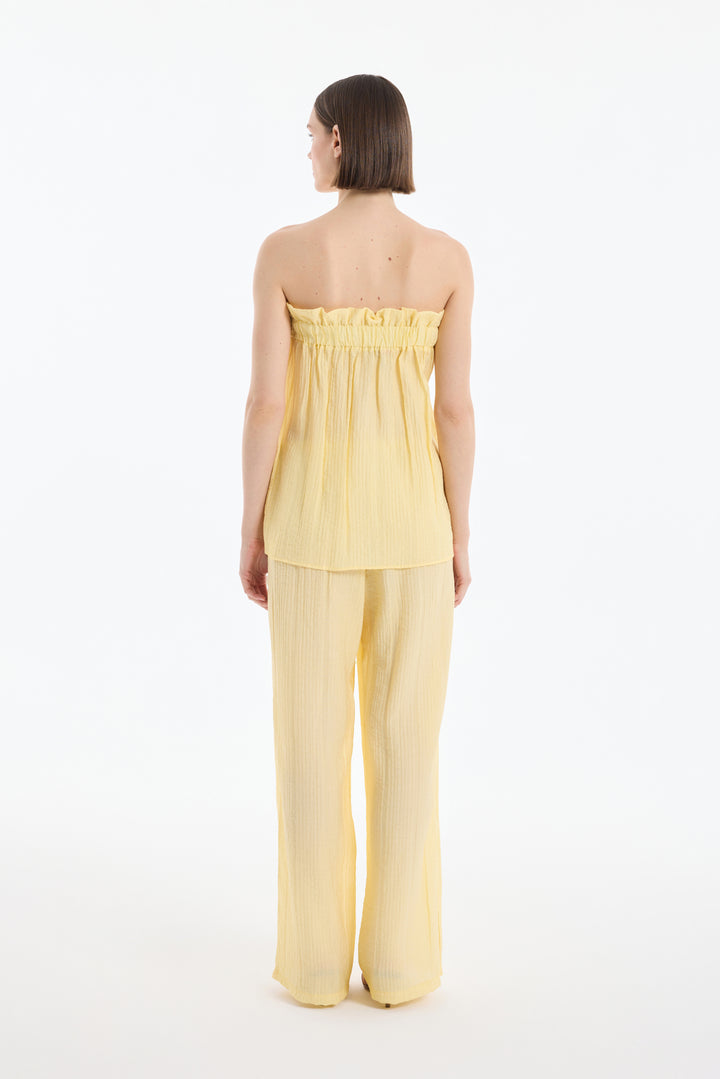 Gofre Kumaş Fırfırlı Straplez Bluz Sarı