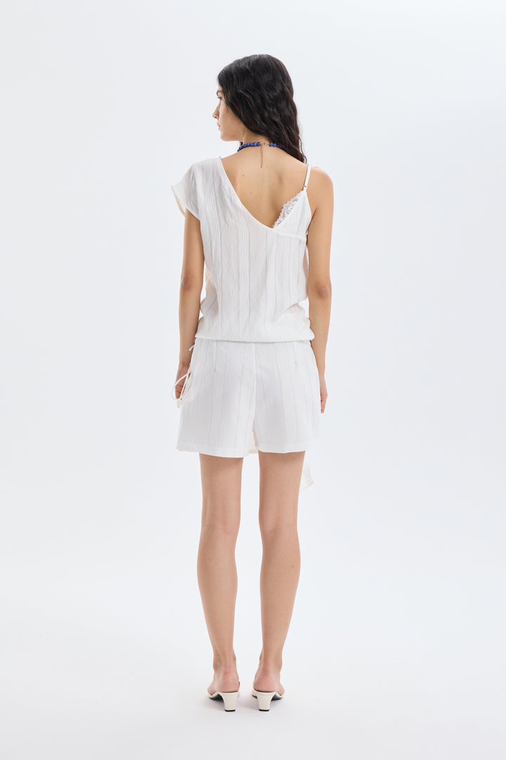 Dantel Detaylı İnce Çizgili Bluz Ekru