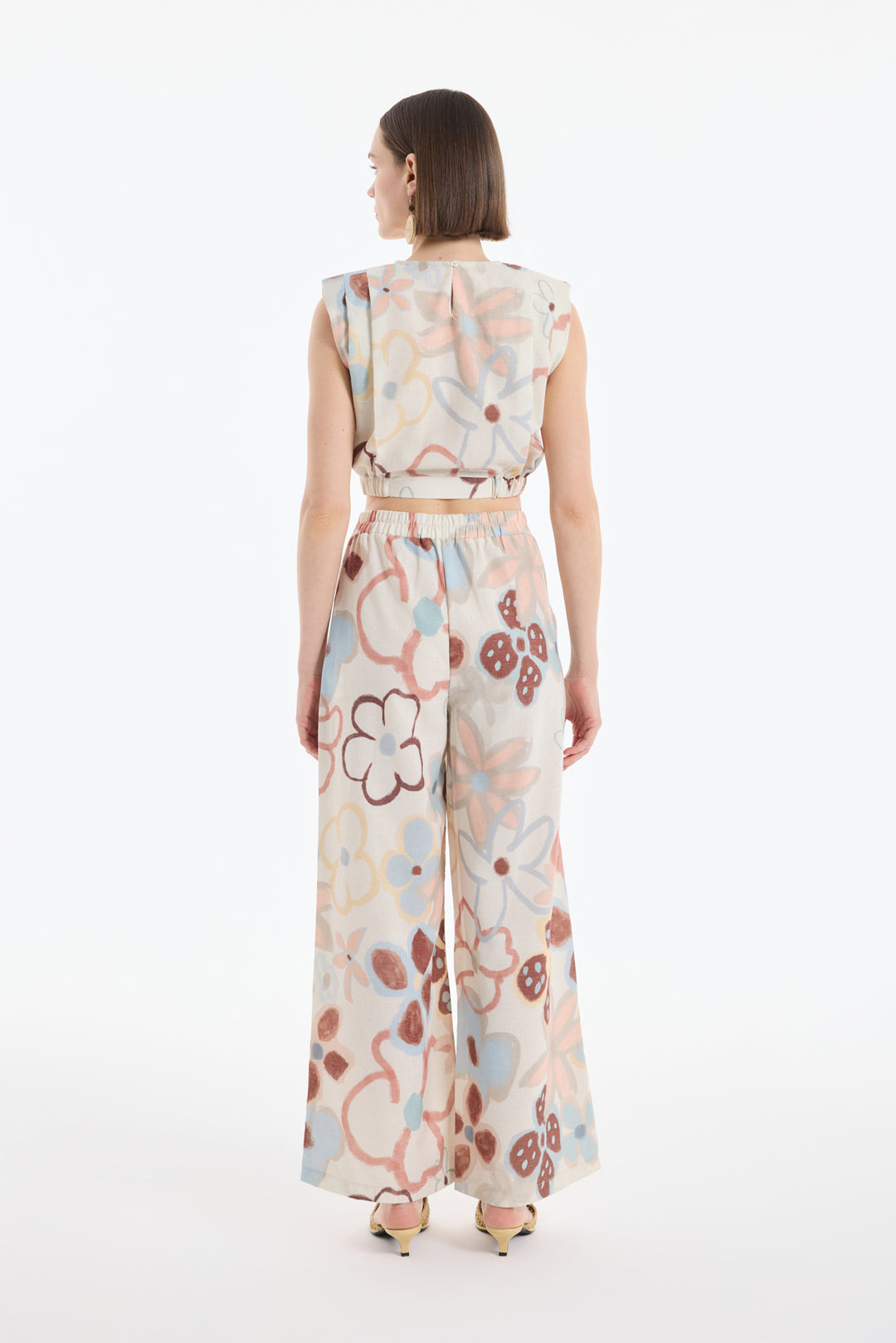 Renkli Çiçek Desenli Geniş Keten Pantolon Naturel