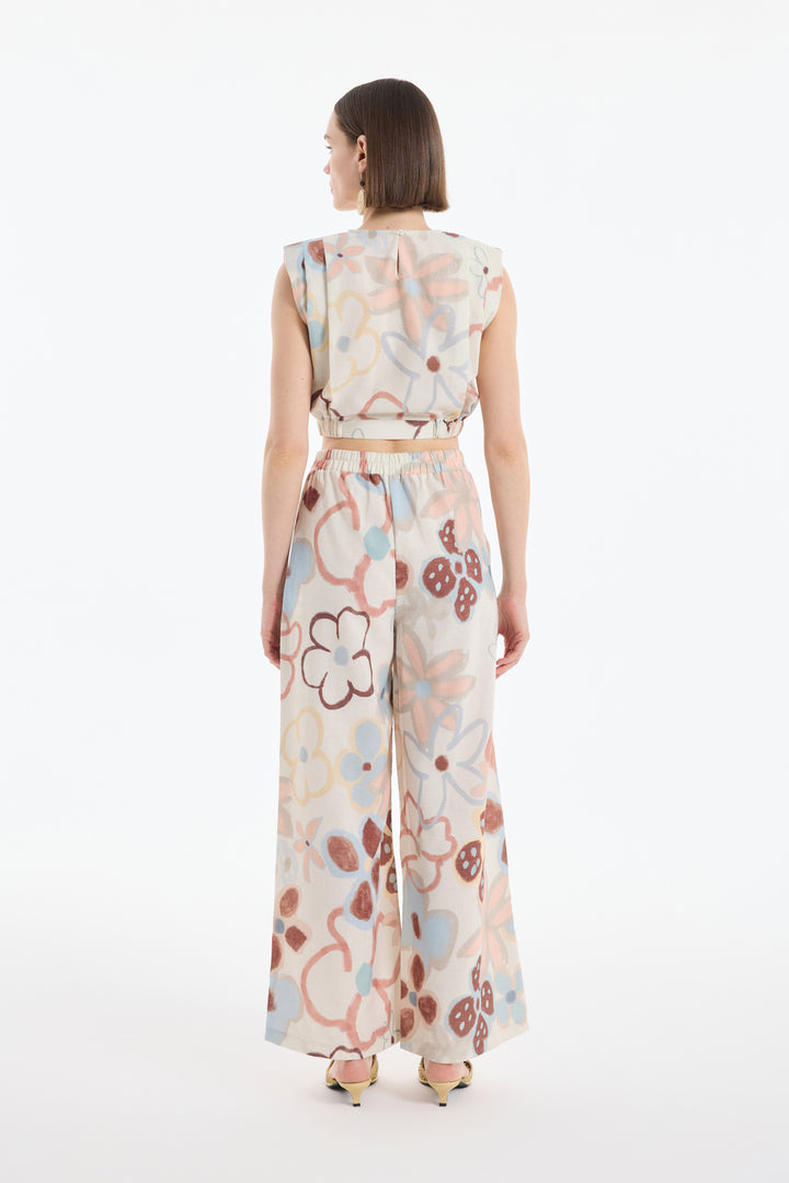 Renkli Çiçek Desenli Geniş Keten Pantolon Naturel