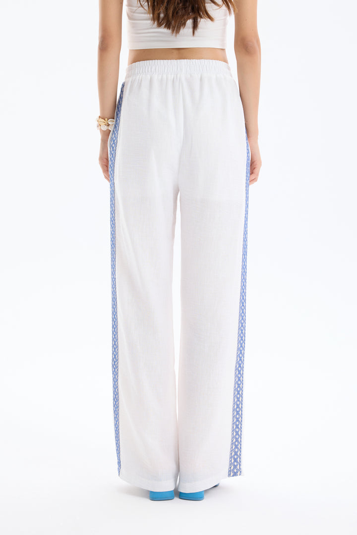 Şerit Nakışlı Beli Lastikli Bol Paça Pantolon Ekru