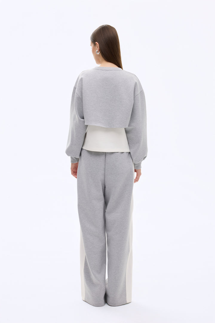 Match Detaylı Yazı Baskılı Bisiklet Yaka Sweatshirt Gri