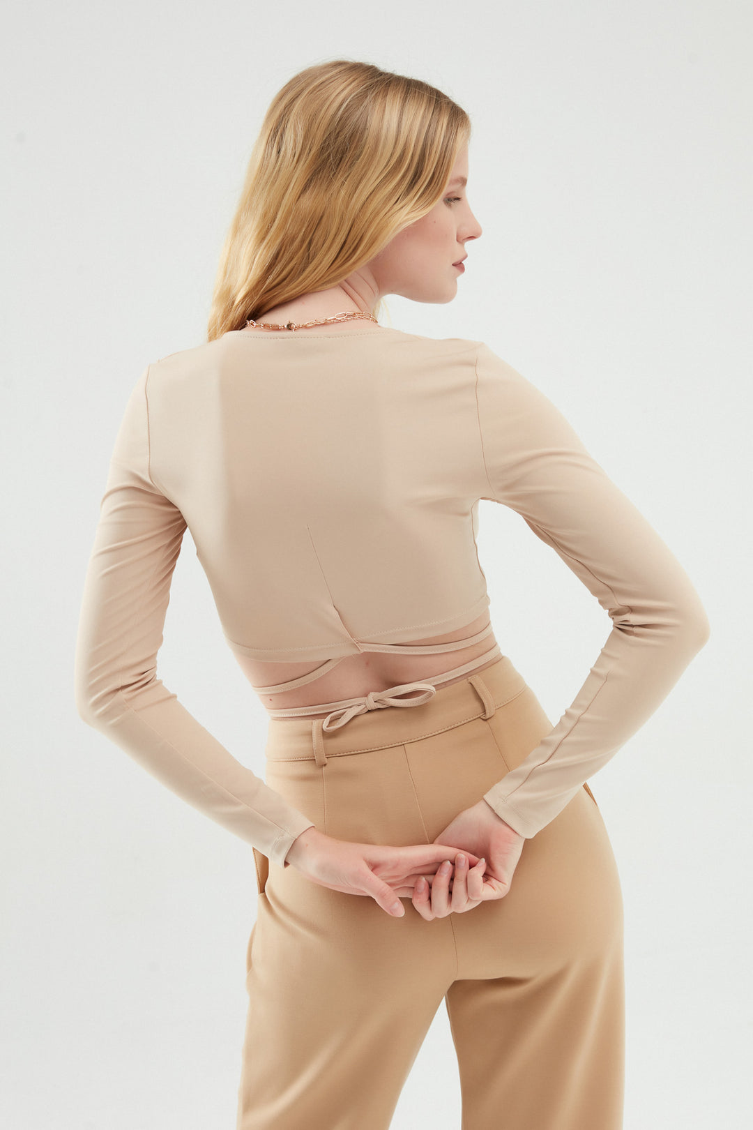 Low-cut V-Neck Blouse Beige