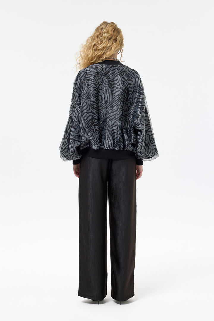 Zebra Desenli Cepli Tül Bomber Ceket Siyah