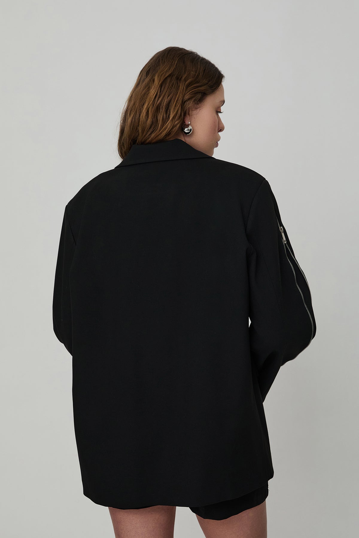 Astarı Desenli Kolu Fermuar Detaylı Blazer Ceket Siyah