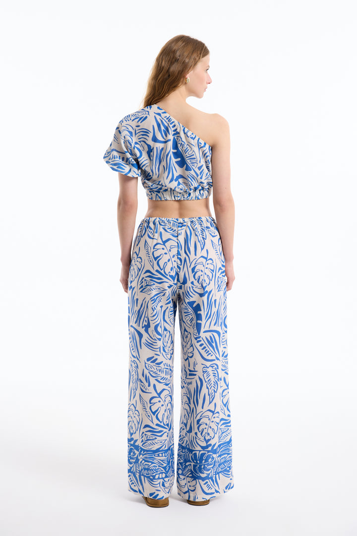 Tropik Desenli Tek Omuz Crop Bluz Mavi