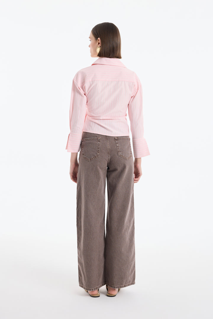 Kruvaze Bağlamalı Çizgili Bluz Pembe