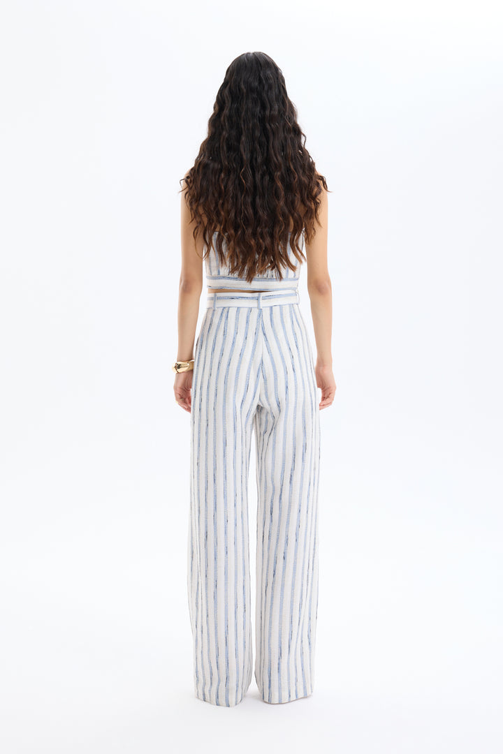 Çizgili Pensli Keten Palazzo Pantolon Mavi