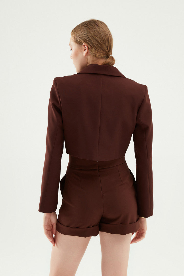 Double Breasted Crop Blazer Jacket Dark Brown