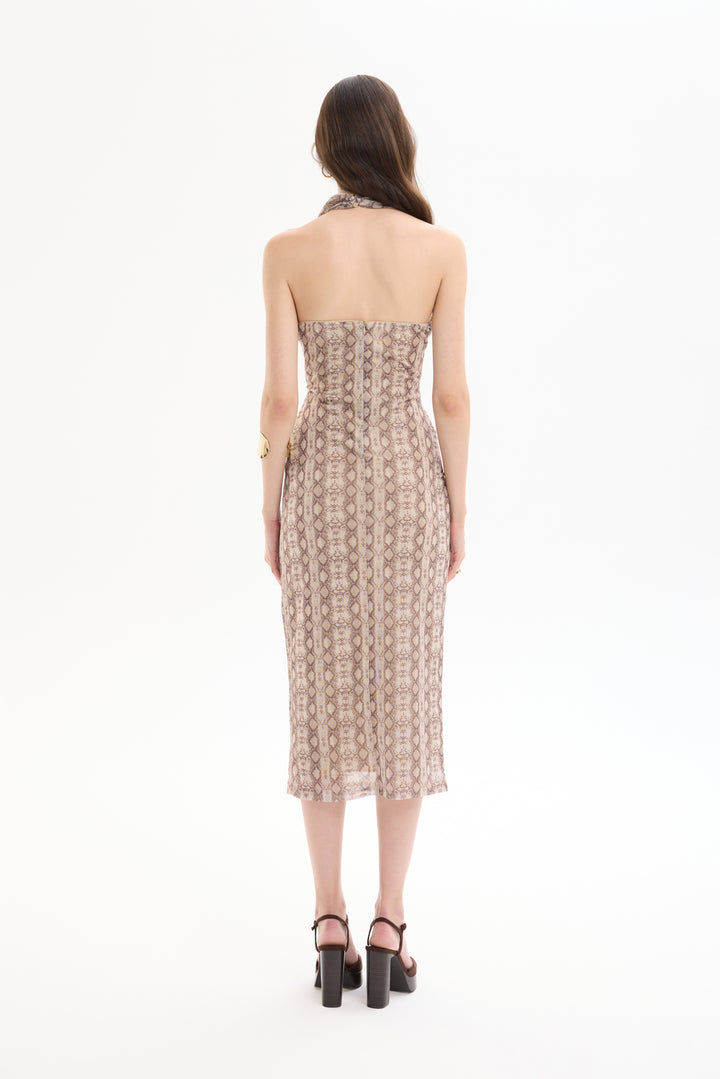 Halter Yaka Büzgülü Tül Elbise Bej