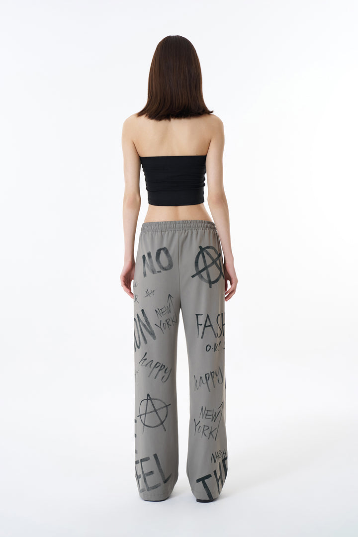 Yazı Baskılı Yüksek Bel Pantolon Açık Haki