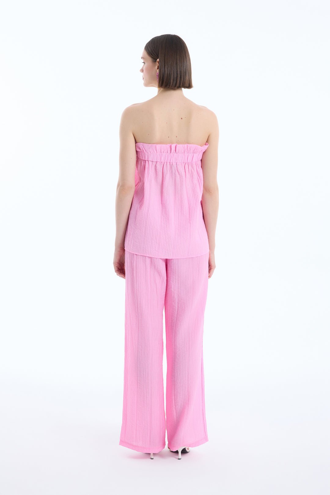 Gofre Kumaş Geniş Paça Pantolon Pembe