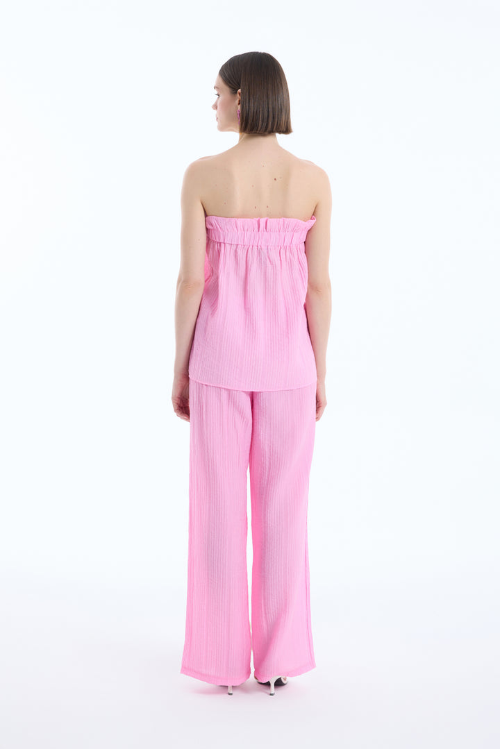 Gofre Kumaş Geniş Paça Pantolon Pembe