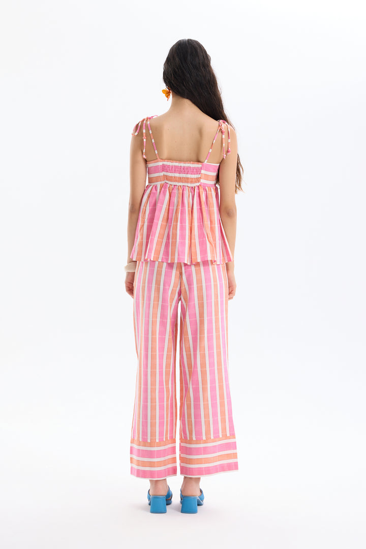 Çizgili Omuzu Bağcıklı Bluz Pembe