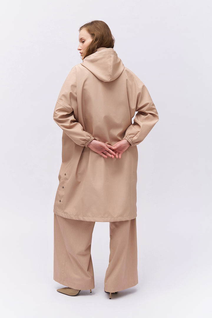 Oversize Hooded Trench Coat Beige