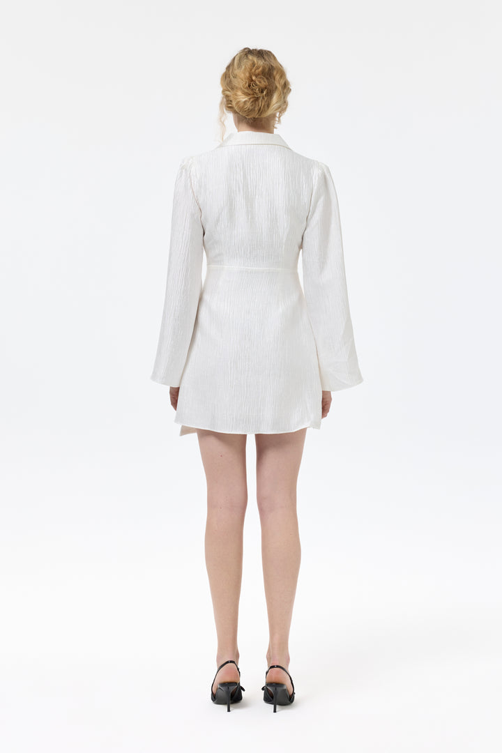 Kruvaze Bağlamalı Dokulu Mini Elbise Ekru