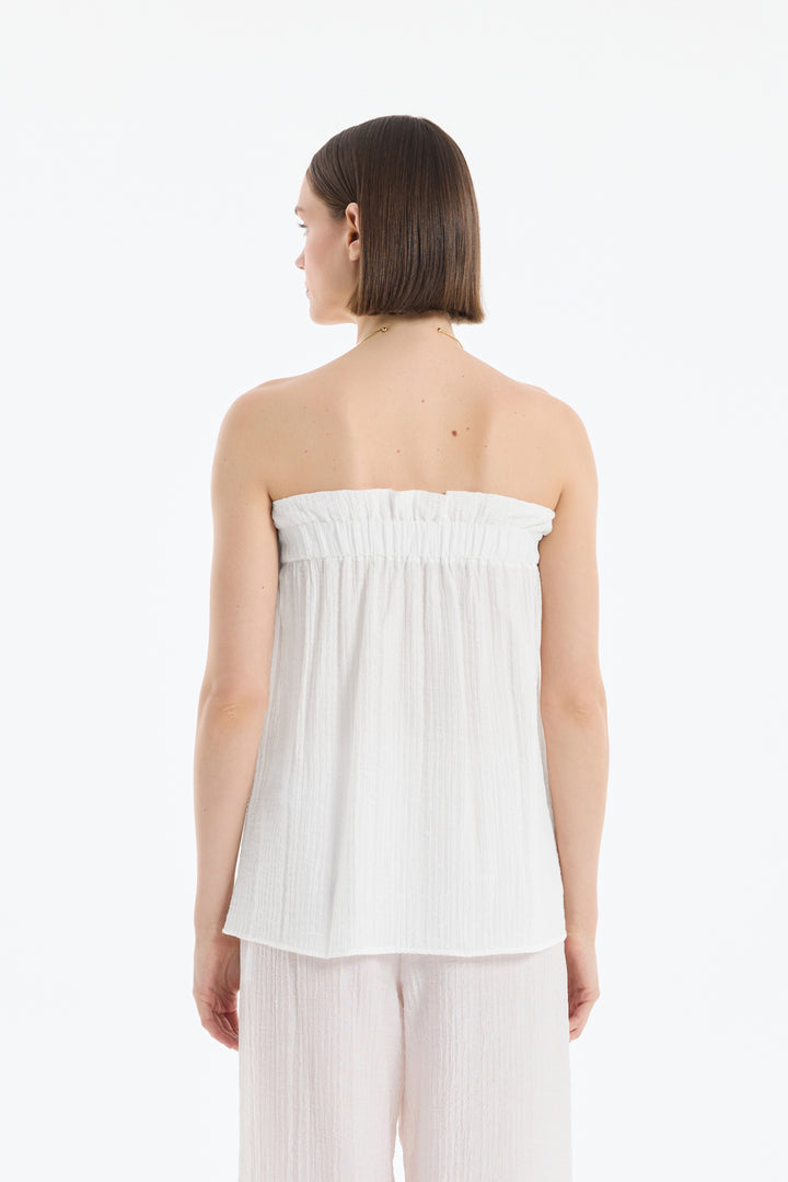 Gofre Kumaş Fırfırlı Straplez Bluz Ekru