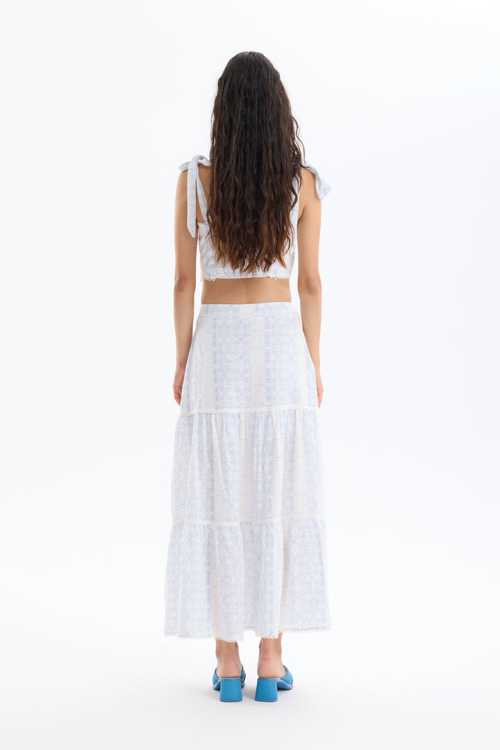 Desenli Volanlı Midi Boy Etek Ekru